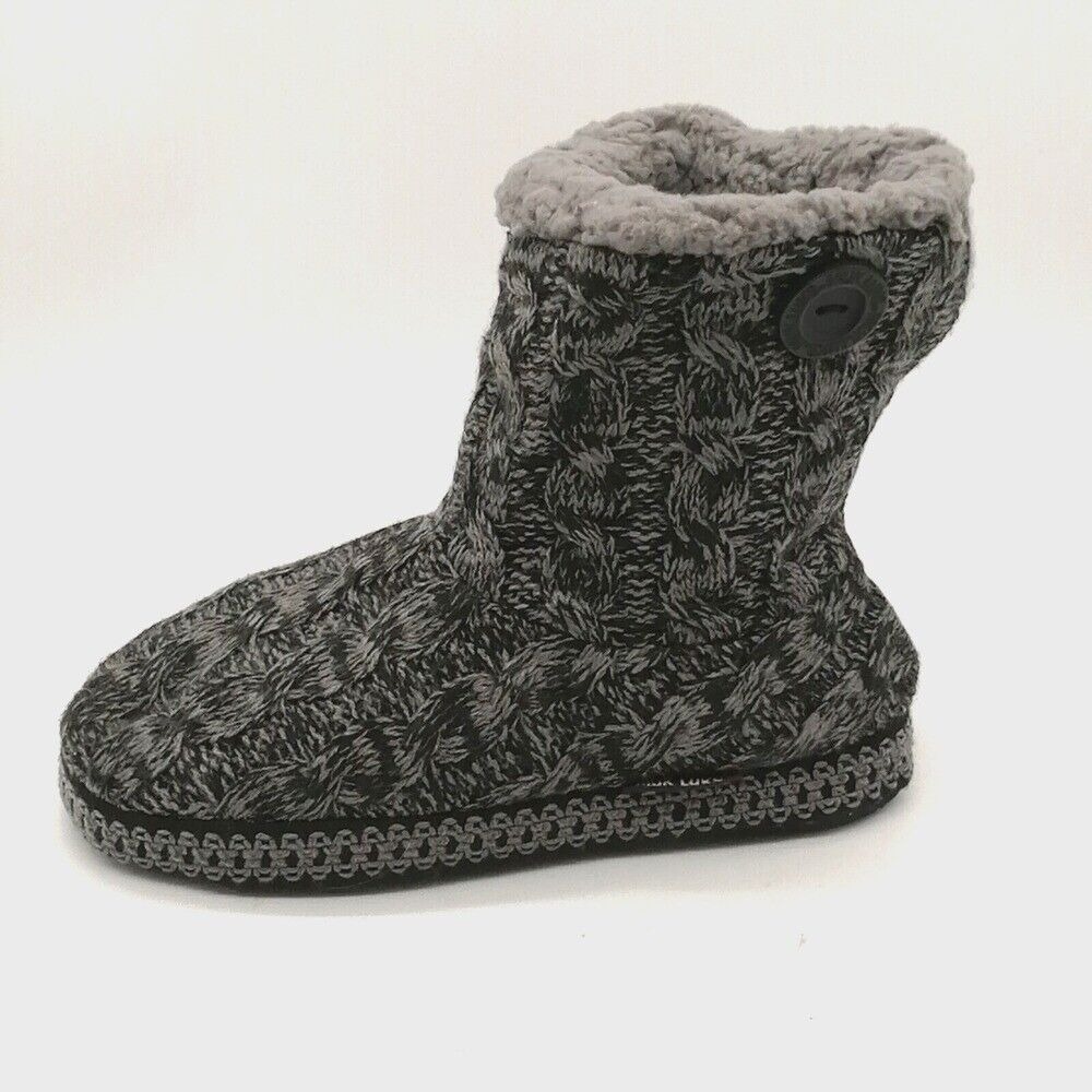 Muk Luks Womens Bootie Slipper Black Gray Cable Knit Pull On Round Toe M 7-8